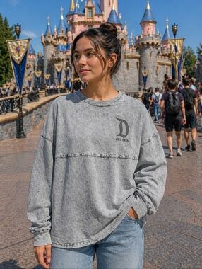 Disney Washed Gray Crewneck Sweatshirt with Black 'D' Emblem